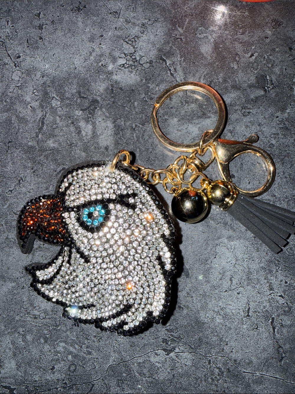 Rhinestone Eagle Head Key & Card Holder Charm - White & Gold